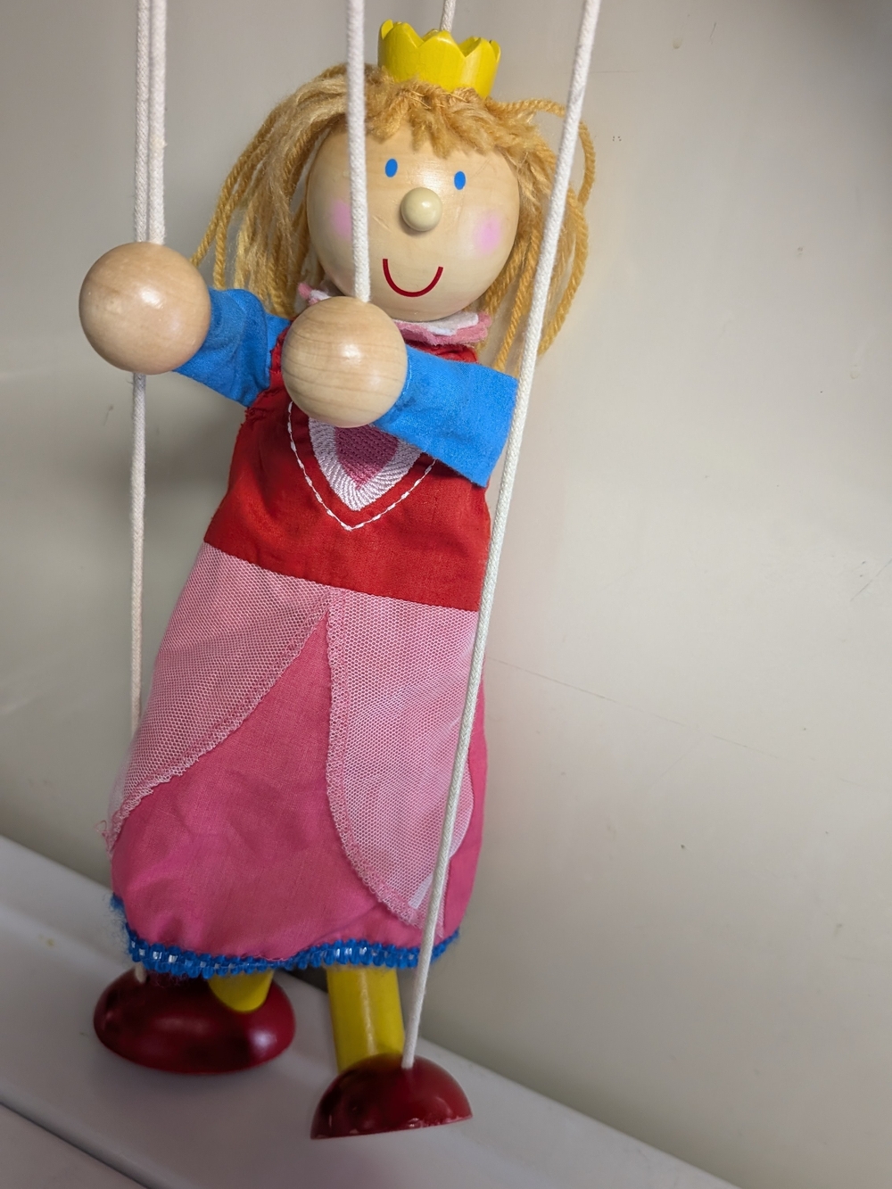 Wooden Princess Marionette Doll in Pink & Red